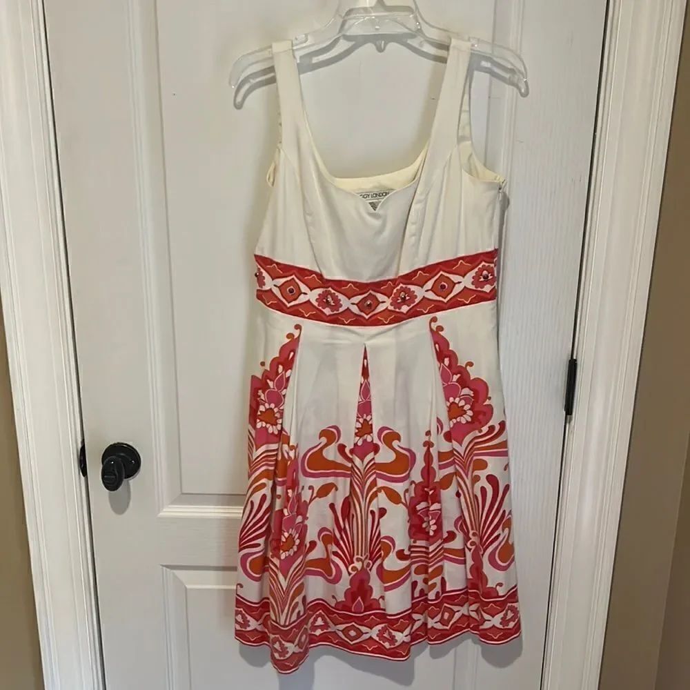 Maggy London Fit and Flare Cream Dress with Pink and Orange embellishments